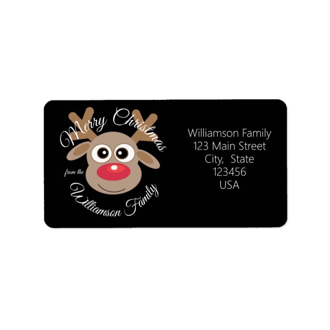 Christmas Cute Reindeer Cartoon Black Novelty Label (Front)