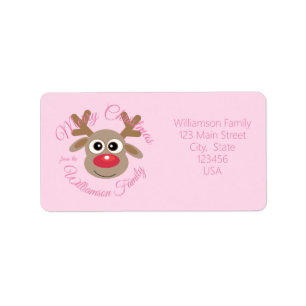 Christmas Cute Reindeer Cartoon Girly Pink Novelty Label