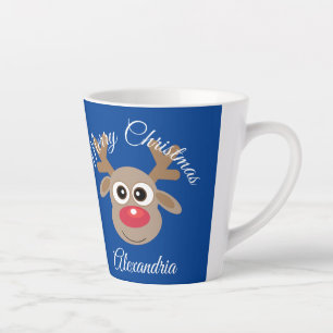 Christmas Cute Reindeer Cartoon Script Type Blue Latte Mug
