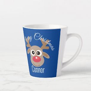 Christmas Cute Reindeer Cartoon Script Type Blue Latte Mug