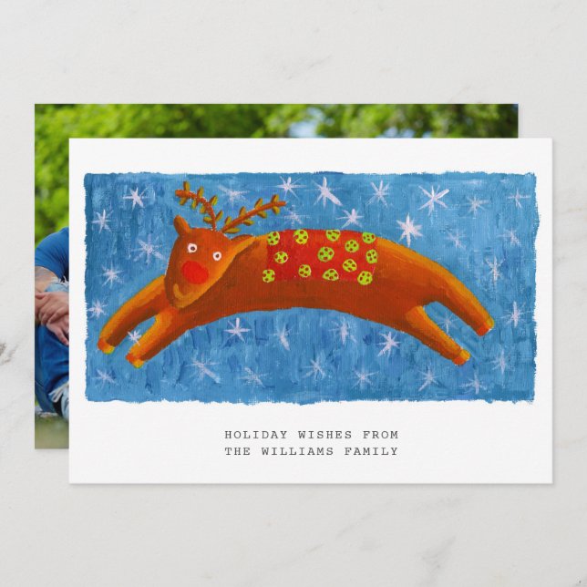 Christmas Cute Reindeer Illustration Photo Holiday Card (Front/Back)