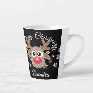 Christmas Cute Reindeer Script Snowflakes Black Latte Mug