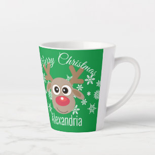 Christmas Cute Reindeer Script Snowflakes Green Latte Mug