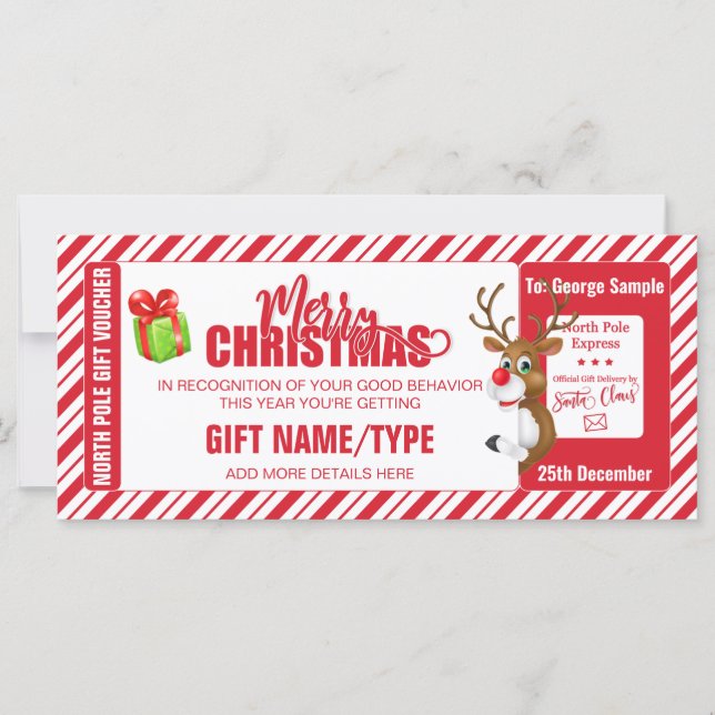 Christmas Cute Reindeer Ticket, Gift Card/Voucher (Front)