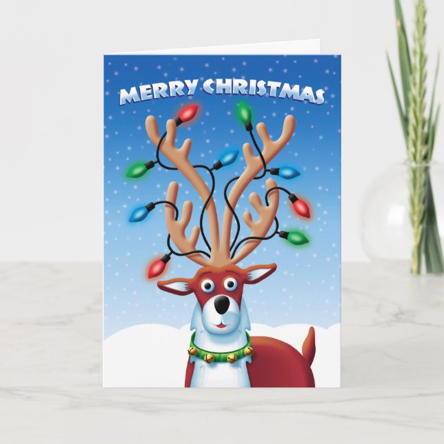 Christmas Cute Reindeer with Lights on Antlers Holiday Card (Front)