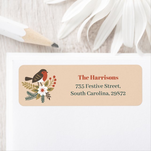Christmas Cute Robin Taupe Return Address Label (Insitu)