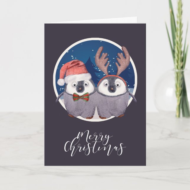 Christmas Cute Santa and Reindeer Penguin Couple Holiday Card (Front)