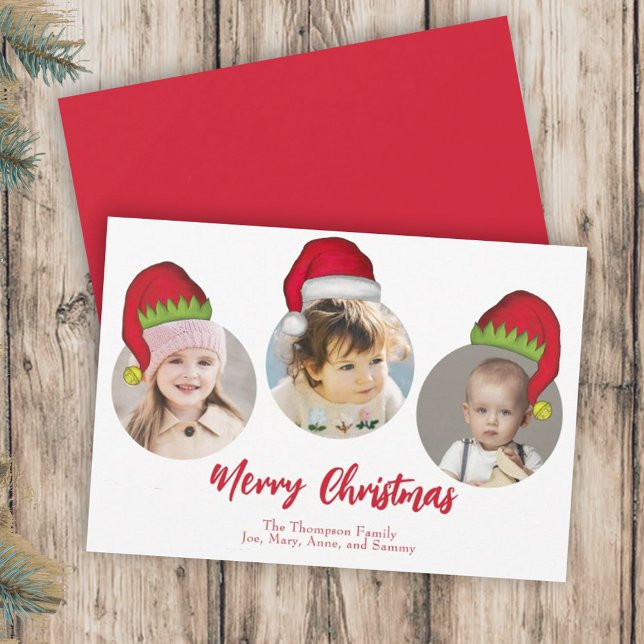 Christmas Cute Santa Elf Funny Whimsical 3 Photo Holiday Card (Creator Uploaded)