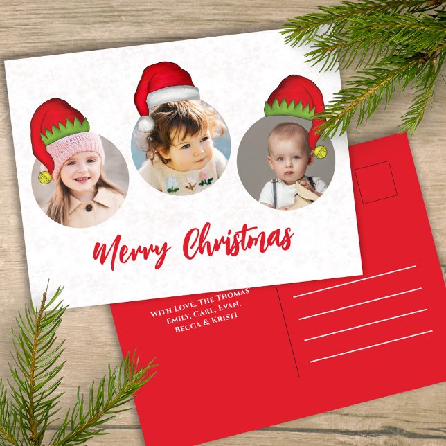 Christmas Cute Santa Elf Funny Whimsical 3 Photo  Holiday Postcard (Merry Christmas holiday three photo postcard template with circle photo template. )