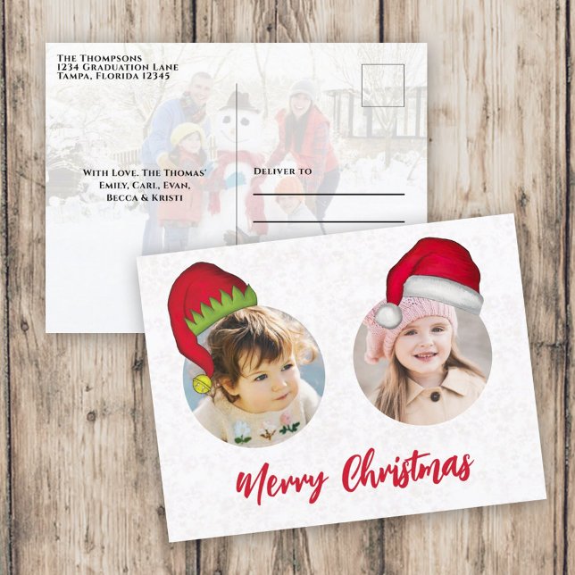 Christmas Cute Santa Elf Funny Whimsical 3 Photo Holiday Postcard (Merry Christmas holiday two photo postcard template with circle photo template. )