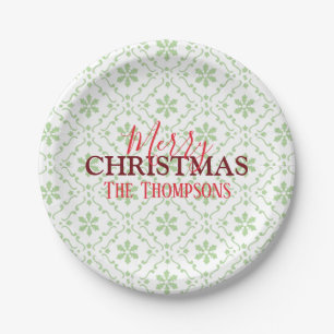 Christmas Cute Simple Green Snowflake Pattern Paper Plate