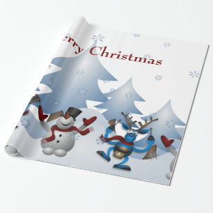 Christmas Cute Snowman and Reindeer Band Wrapping Paper