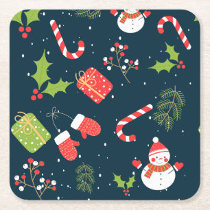 Christmas Cute Snowman Holiday Pattern Square Paper Coaster