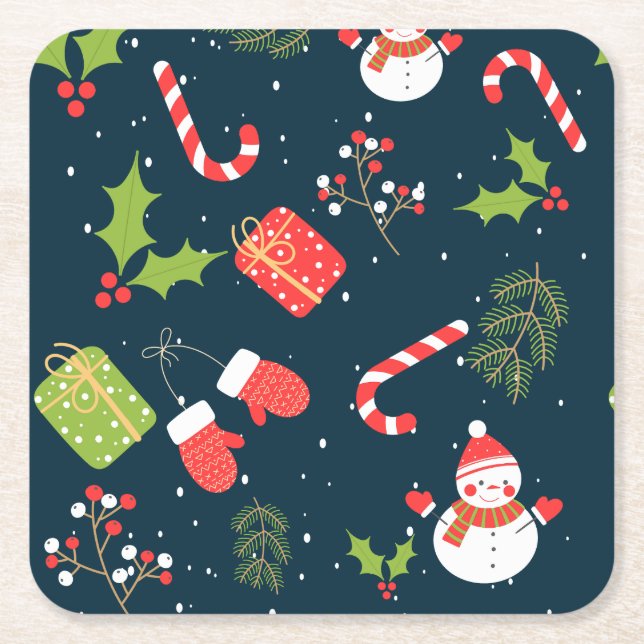 Christmas Cute Snowman Holiday  Pattern Square Paper Coaster (Front)