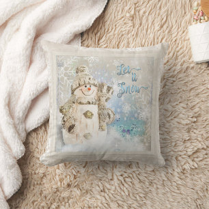 Christmas Cute Snowman with Snowflakes Cushion