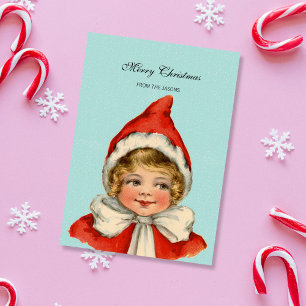 Christmas Cute Vintage Elf Girl Blue Personalised Holiday Card