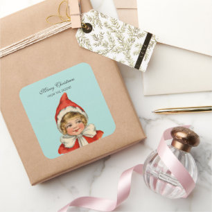 Christmas Cute Vintage Elf Girl Personalised Square Sticker