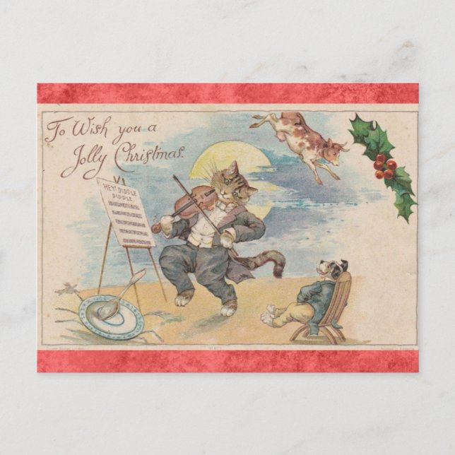 Christmas Cute Vintage Victorian Cat Animals Postcard (Front)