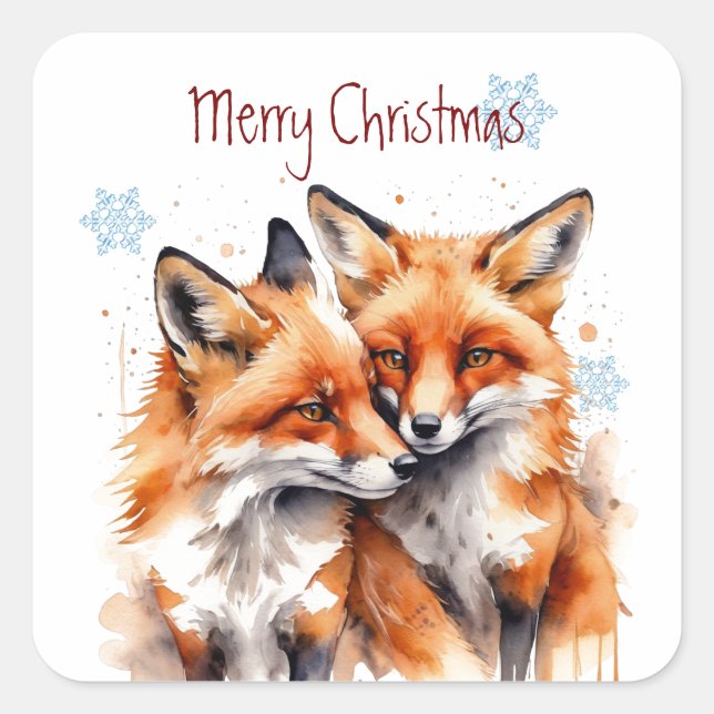 Christmas Cute Watercolor Fox Foxes Wildlife  Square Sticker (Front)
