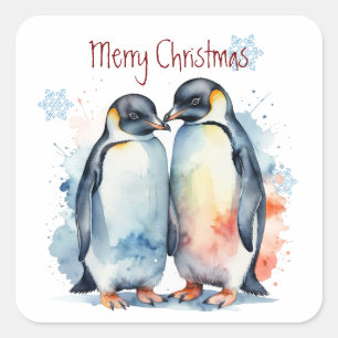 Christmas Cute Watercolor Penguin Couple Animals  Square Sticker