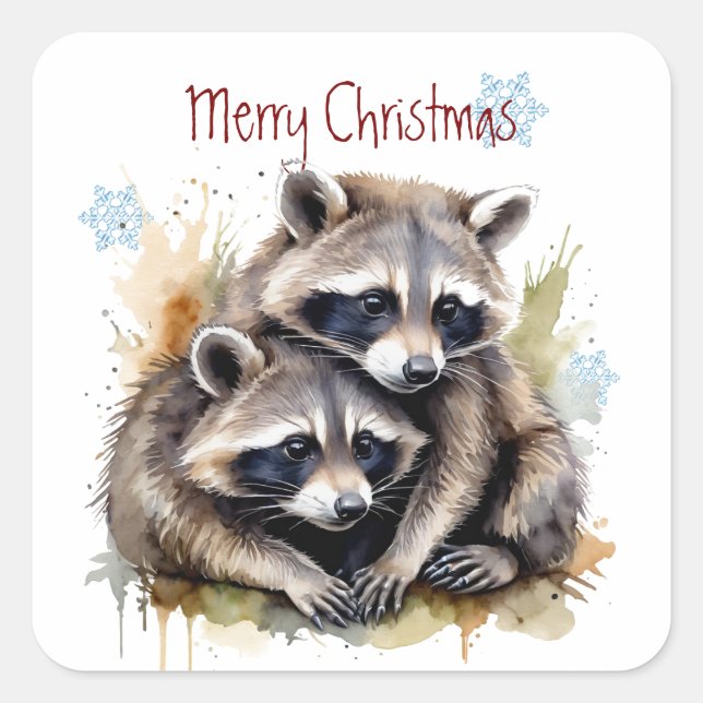 Christmas Cute Watercolor Raccoons Wildlife  Square Sticker (Front)