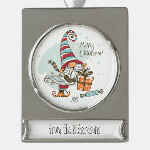 Christmas Cute Watercolor Santa  Custom Dated    Silver Plated Banner Ornament