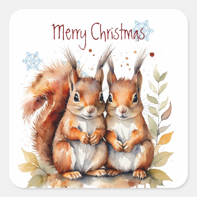 Christmas Cute Watercolor Squirrels Wildlife  Square Sticker (Front)