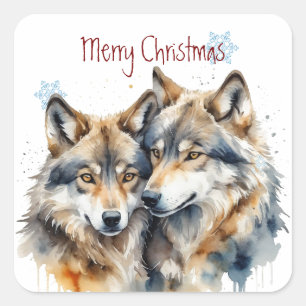 Christmas Cute Watercolor Wolf Wildlife  Square Sticker