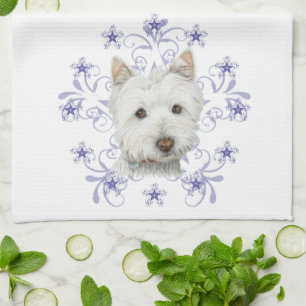 Christmas Cute Westie Dog Art and Snow flake Tea Towel