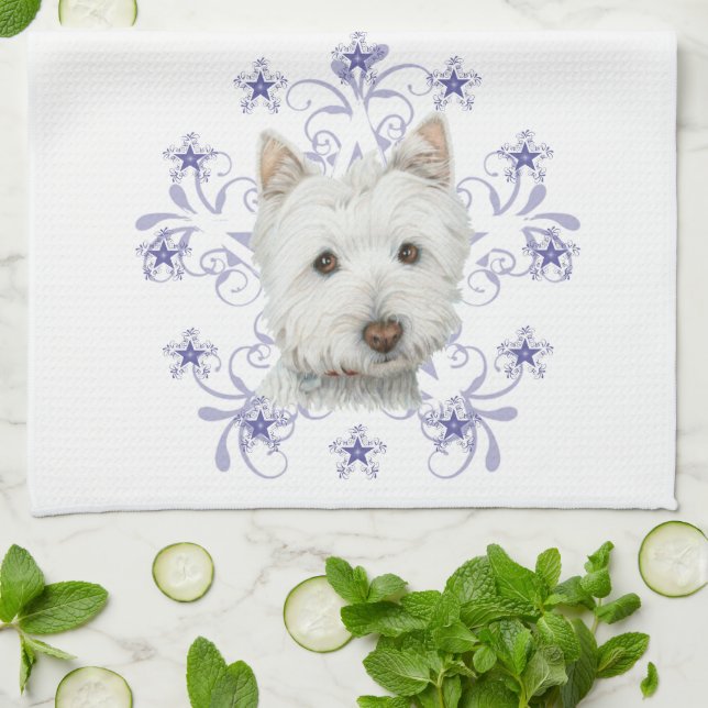 Christmas Cute Westie Dog Art and Snow flake Tea Towel (Folded)