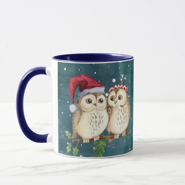 christmas cute wise Owl Wildlife santa's hat cap  Mug (Left)