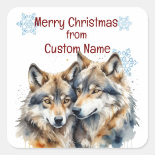 Christmas Cute Wolves Couple Animal Customise  Square Sticker