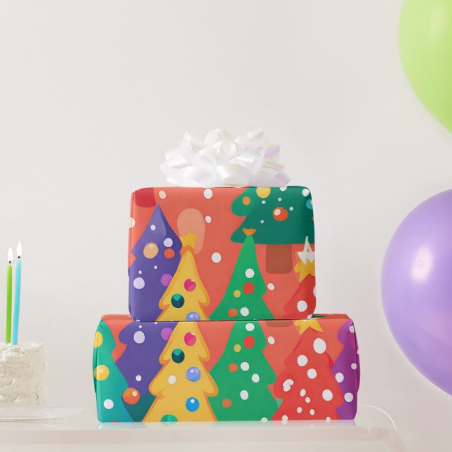 Christmas Cutest Cartoon Colourful Trees Wrapping Paper (Party Gifts)