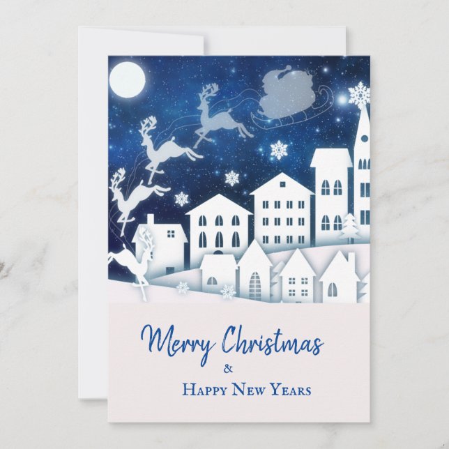 Christmas Cutout Town and Santa Claus at Night Holiday Card (Front)