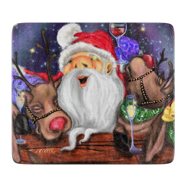 Christmas Cutting Board Santa with Reindeers Fun (Front)