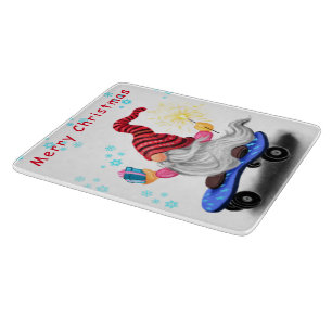 Christmas Cutting Board Skater Gnome with Gifts