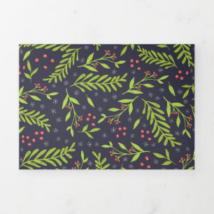 Christmas Cypress Snowflakes Berries Red Flowers Tri-Fold Holiday Card