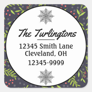Christmas Cypress Snowflakes Berry Return Address Square Sticker