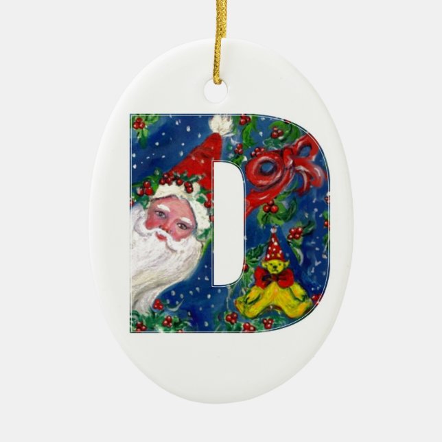 CHRISTMAS D LETTER / SANTA CLAUS WITH RED RIBBON CERAMIC ORNAMENT (Front)