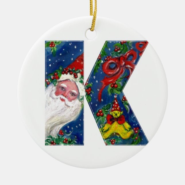 CHRISTMAS D LETTER / SANTA CLAUS WITH RED RIBBON CERAMIC ORNAMENT (Front)
