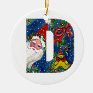CHRISTMAS D LETTER / SANTA CLAUS WITH RED RIBBON CERAMIC ORNAMENT