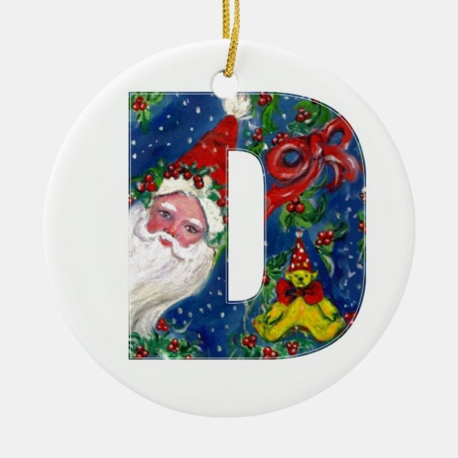 CHRISTMAS D LETTER / SANTA CLAUS WITH RED RIBBON CERAMIC ORNAMENT (Front)