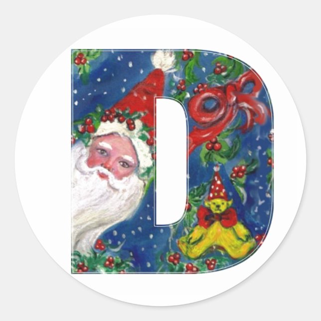 CHRISTMAS D LETTER / SANTA CLAUS WITH RED RIBBON CLASSIC ROUND STICKER (Front)