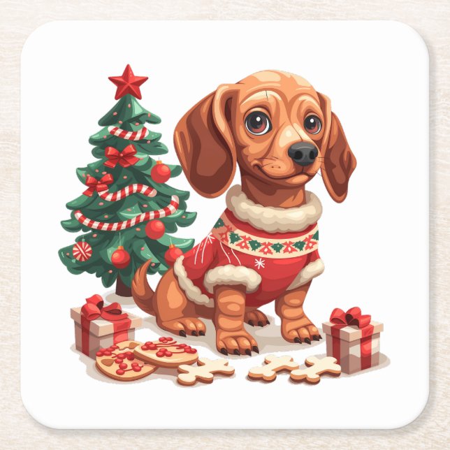 Christmas Dachshund Dog Holiday Cookies Square Paper Coaster (Front)