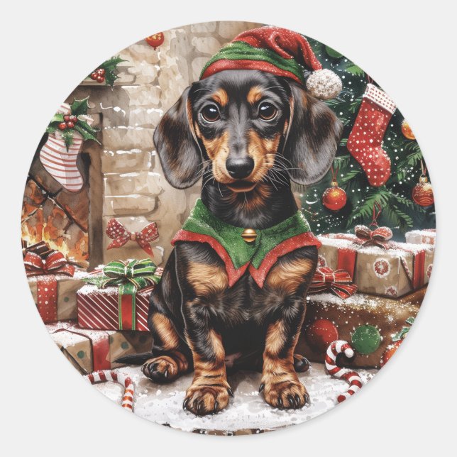 Christmas Dachshund Dogs Elf Classic Round Sticker (Front)