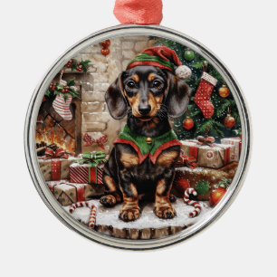 Christmas Dachshund Dogs Elf Metal Ornament