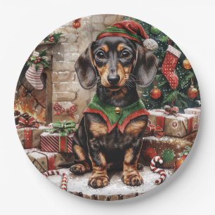 Christmas Dachshund Dogs Elf Paper Plate