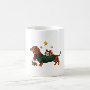 Christmas Dachshund in Green Sweater and Red Scarf Coffee Mug