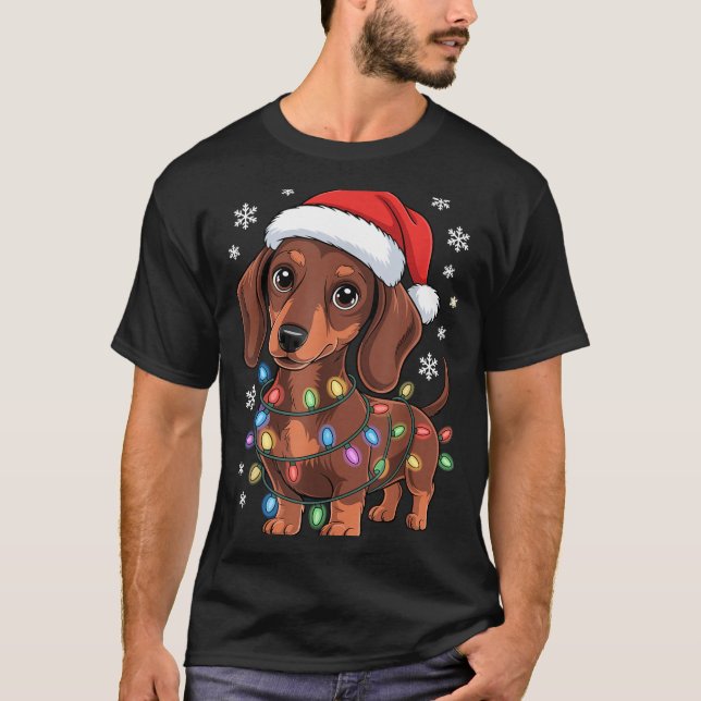 Christmas Dachshund Lights Santa Hat Holiday Dog L T-Shirt (Front)