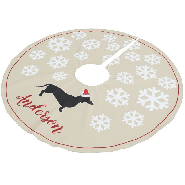 Christmas Dachshund & Santa Hat | Personalised Brushed Polyester Tree Skirt (Angled)
